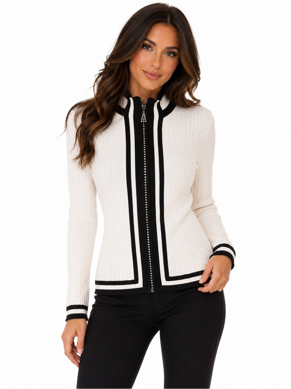 Belldini Size Large Ribbed Zip Front Cardigan Black White Rhinestone Trim